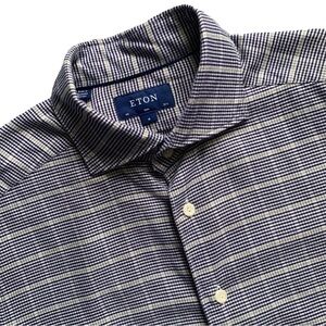 Eton Checkered Slim Button Up Long Sleeve Dress Shirt Navy Size 15, 3/4